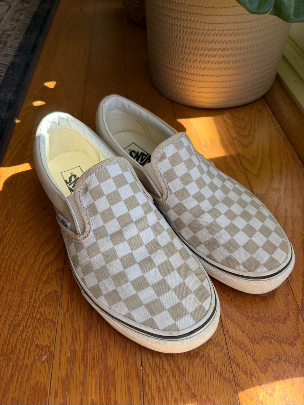 Vans Beige and White Checkerboard Slip-On Loafers